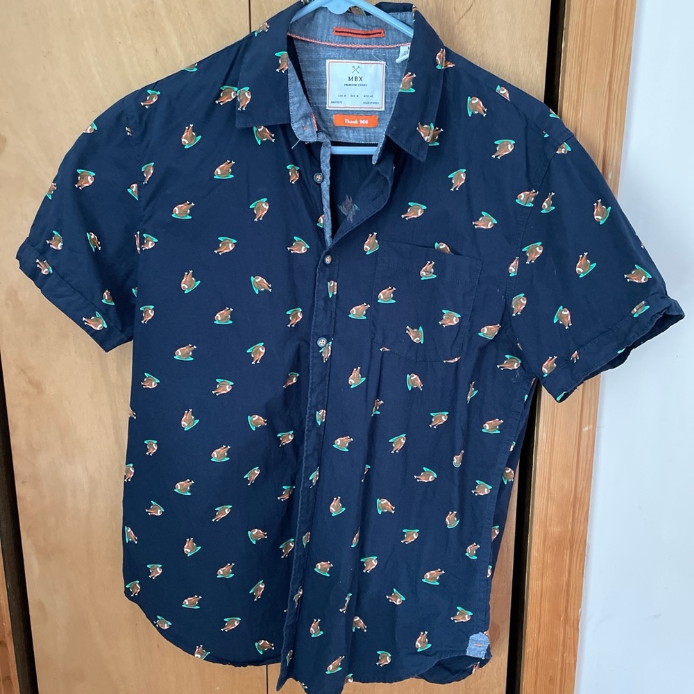MBX Navy Blue Button Men Shirt with Turkey Football Thanksgiving Hawaiian SZ M